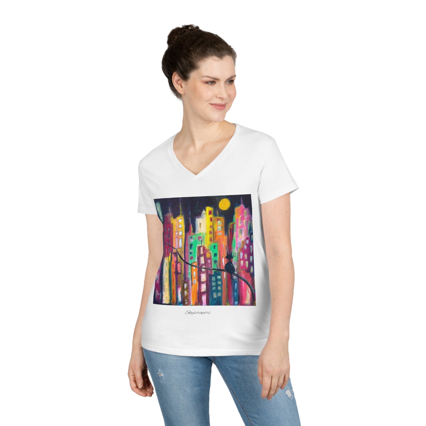 Skyscrapers Cat in a Colorful Cityscape Ladies' V-Neck T-Shirt
