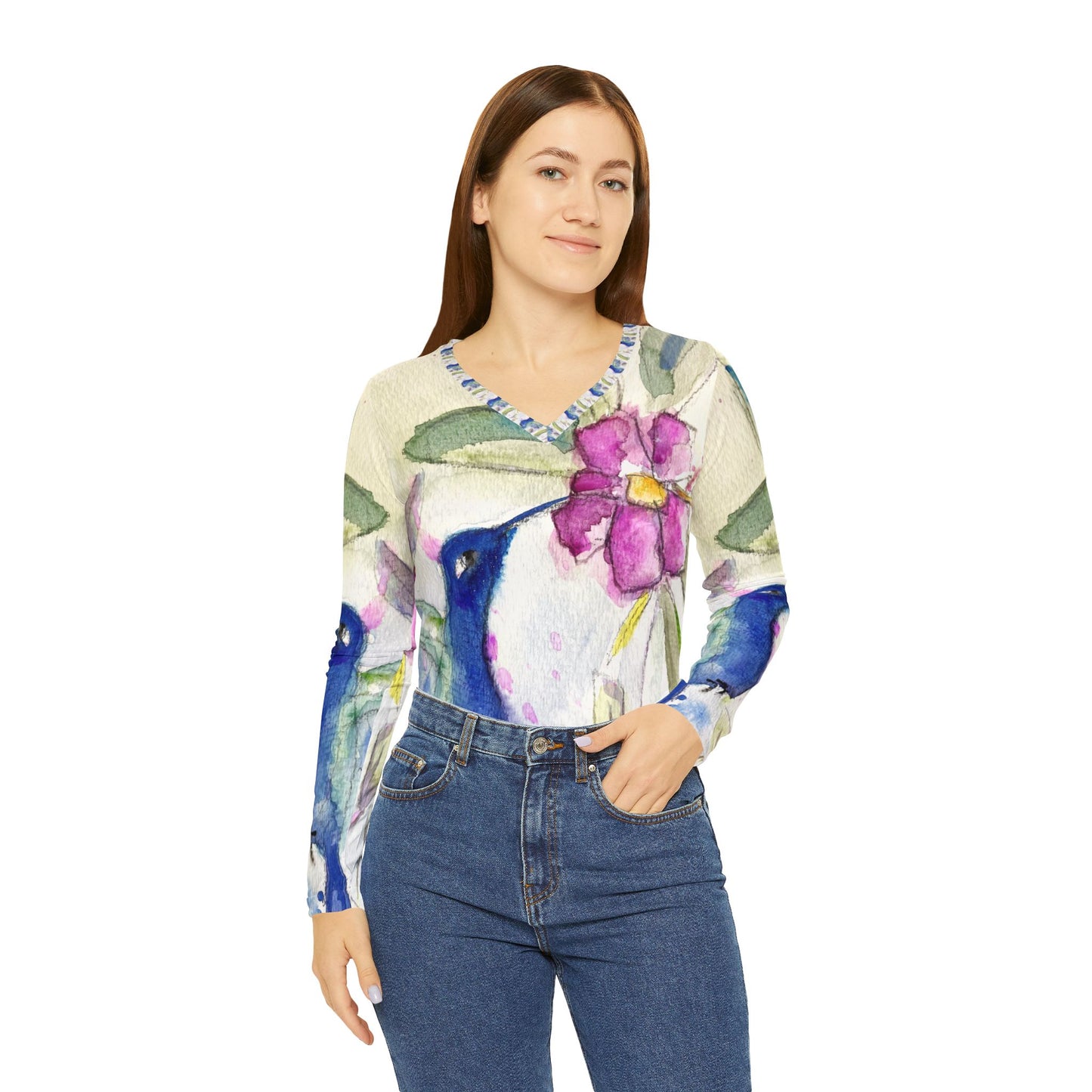 Long Sleeve Shirt- Hummingbird in Spring- V-neck Women's