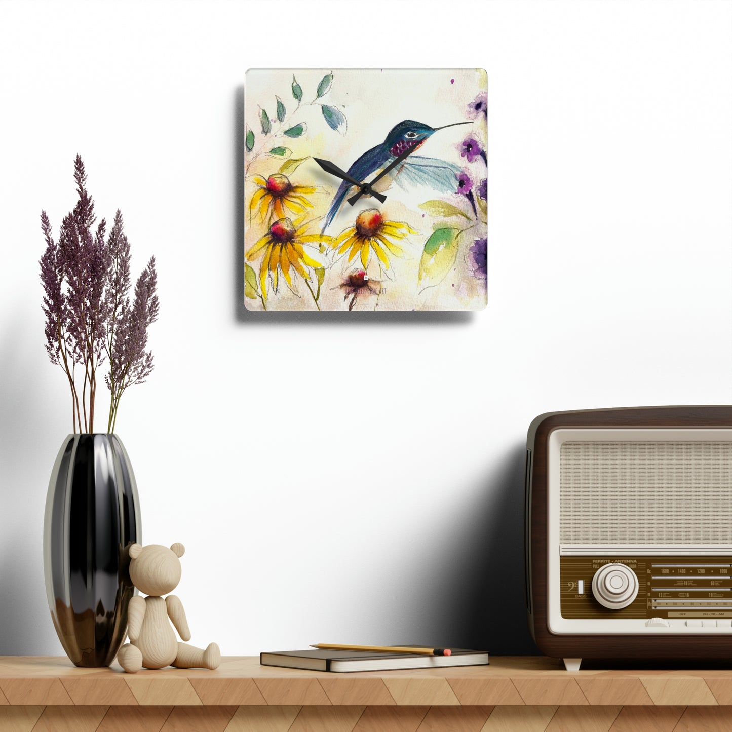 Happy Hummingbird with Coneflowers Bush Acrylic Wall Clock