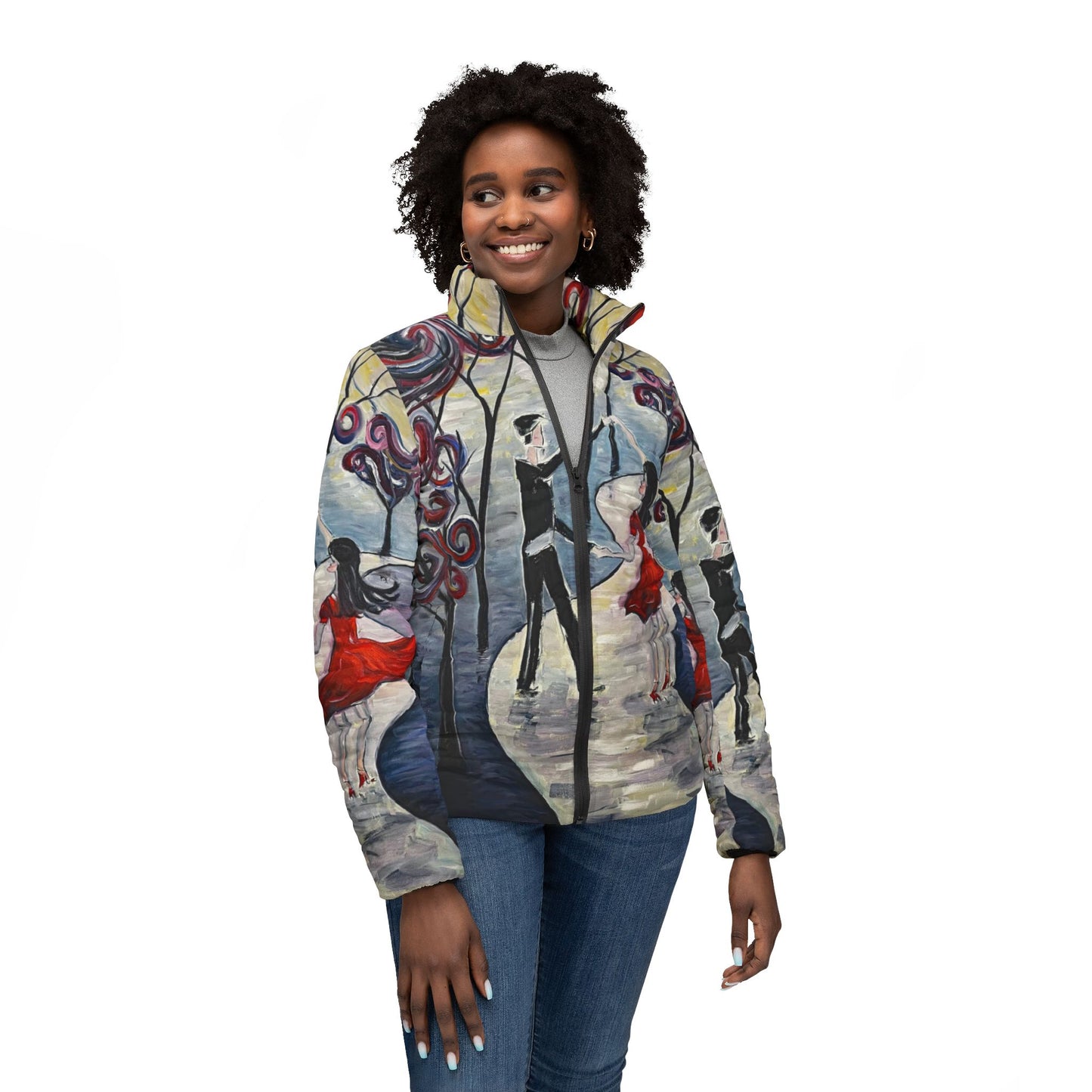 Women's Puffer Jacket - Roxy Rich Fine Art -Dancing in the Moonlight-Paris Couple