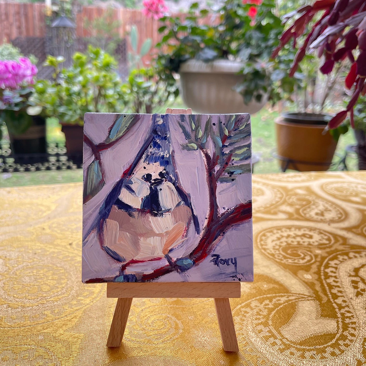 Fat Little Crested Tit Original Oil Painting 4x4 Framed