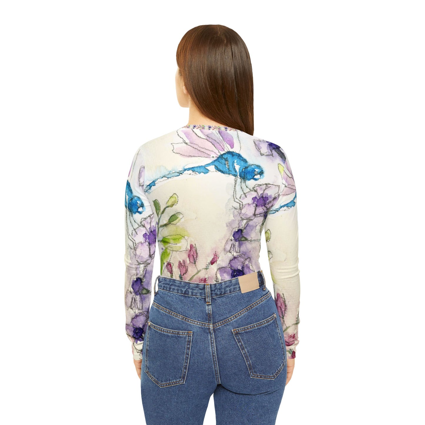 Long Sleeve Shirt- Blue Dragonfly with Purple Tube Flowers- V-neck Women's