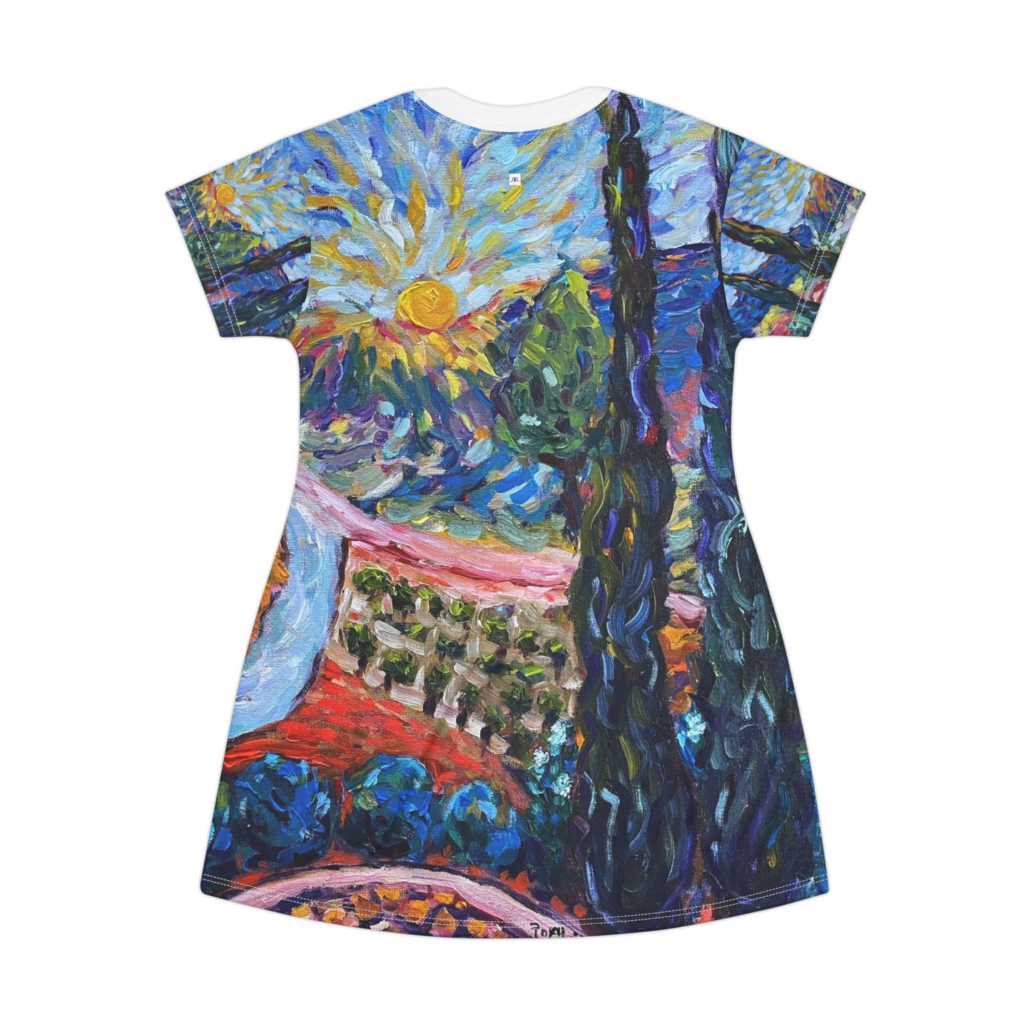 T-Shirt Dress (AOP)-Sunny Cypresses at Robert Renzoni