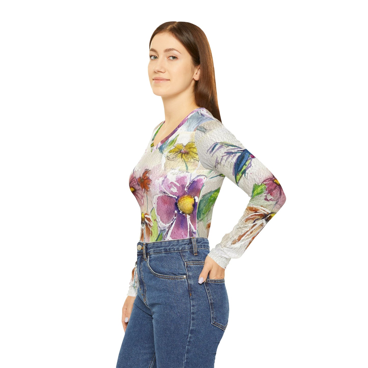 Long Sleeve Shirt- Hummingbird in the Garden- V-neck Women's