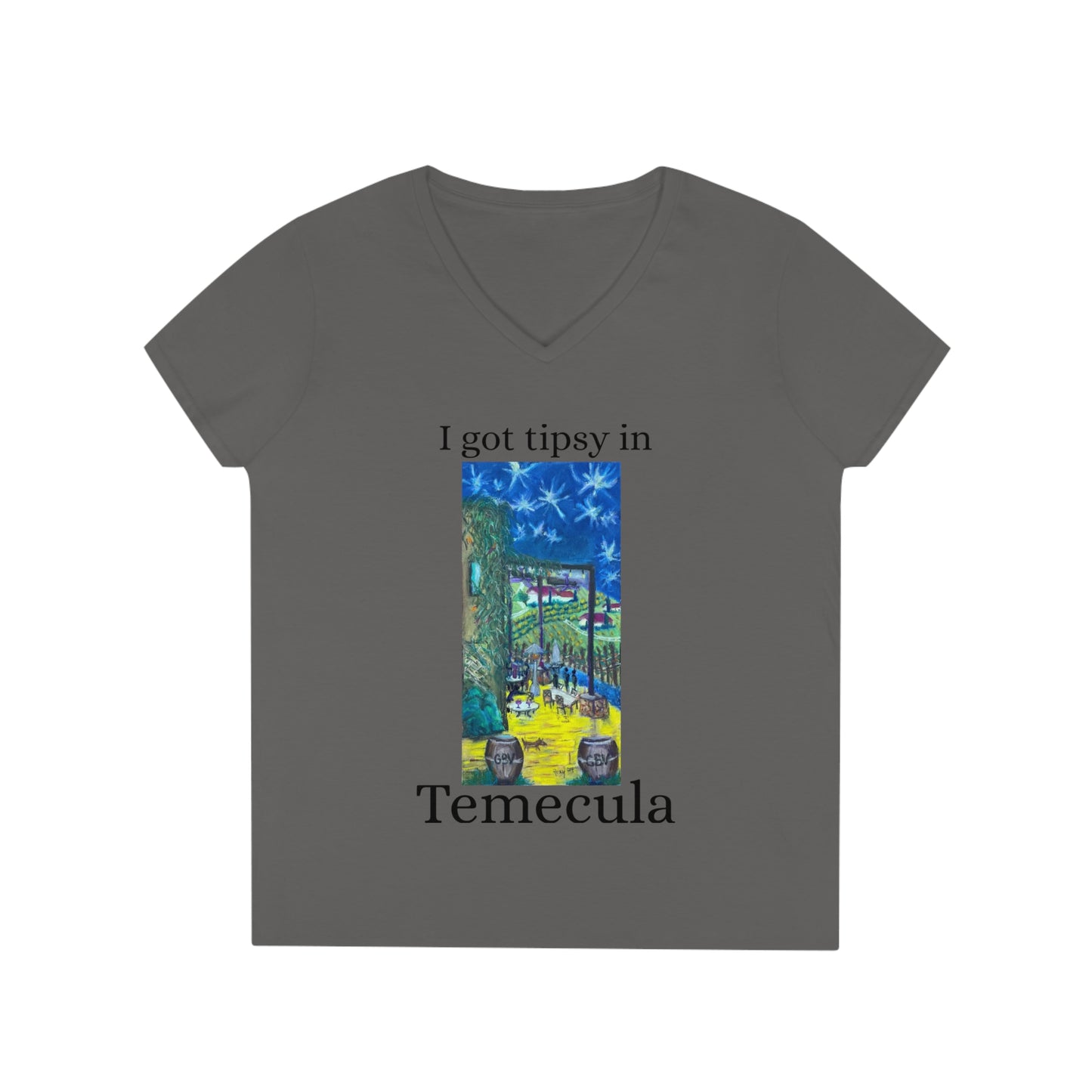 Crepúsculo en Temecula "Me emborraché en Temecula-GBV- Camiseta con cuello en V para mujer