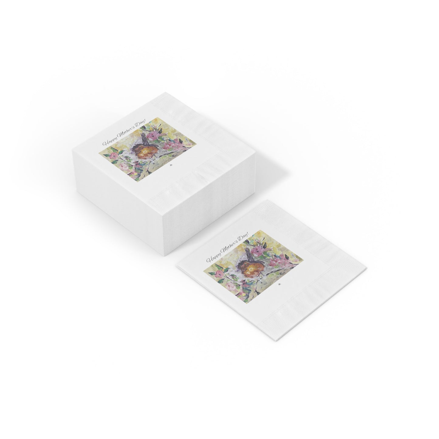 Happy Mother's Day! - Robin in Cherry Blossoms-White Coined Napkins