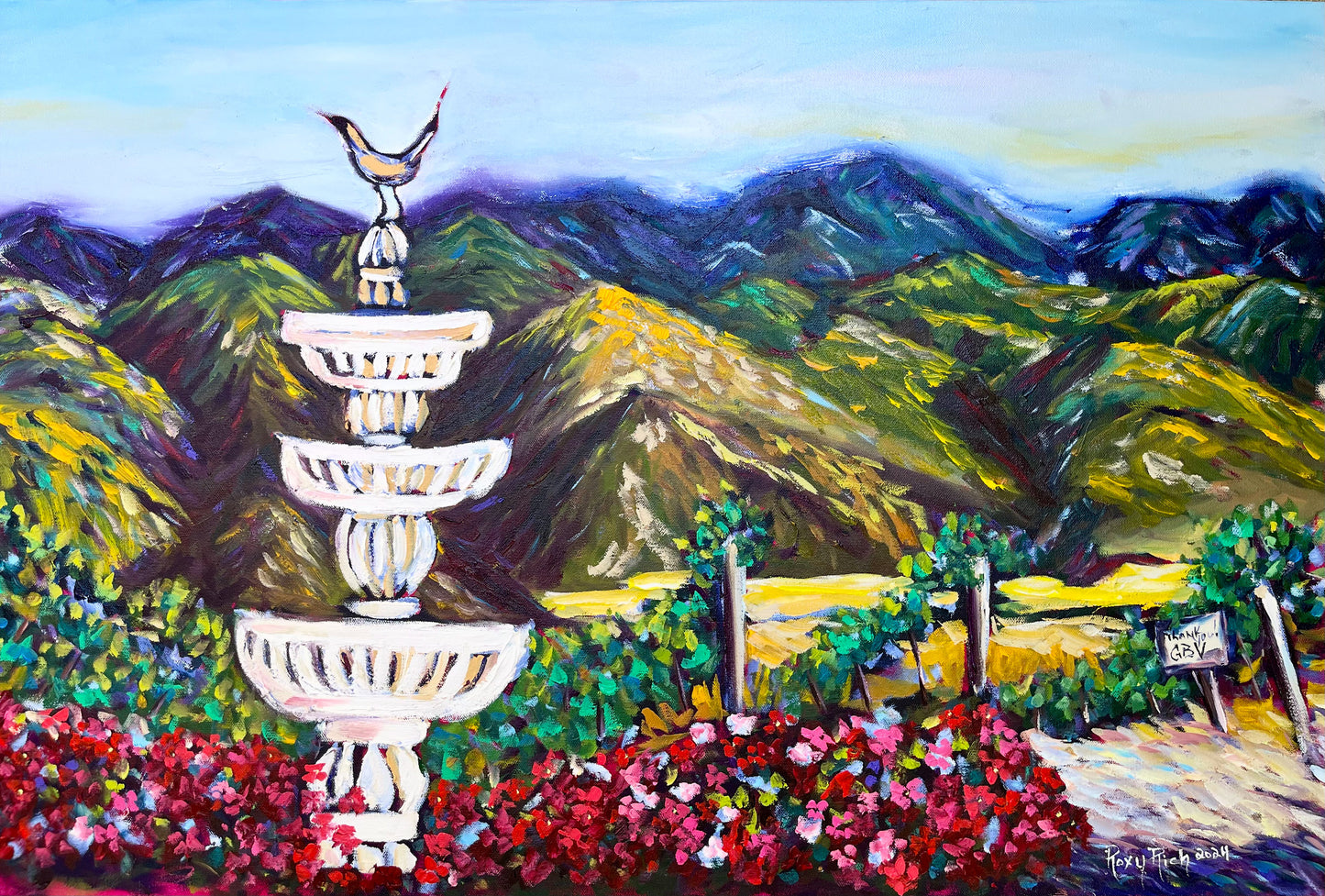 Fountain Vista at Gershon Bachus Vintners Original Oil Painting 24 x 36