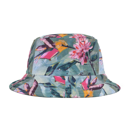 Sombrero de cubo con flor rosa y colibrí rosa