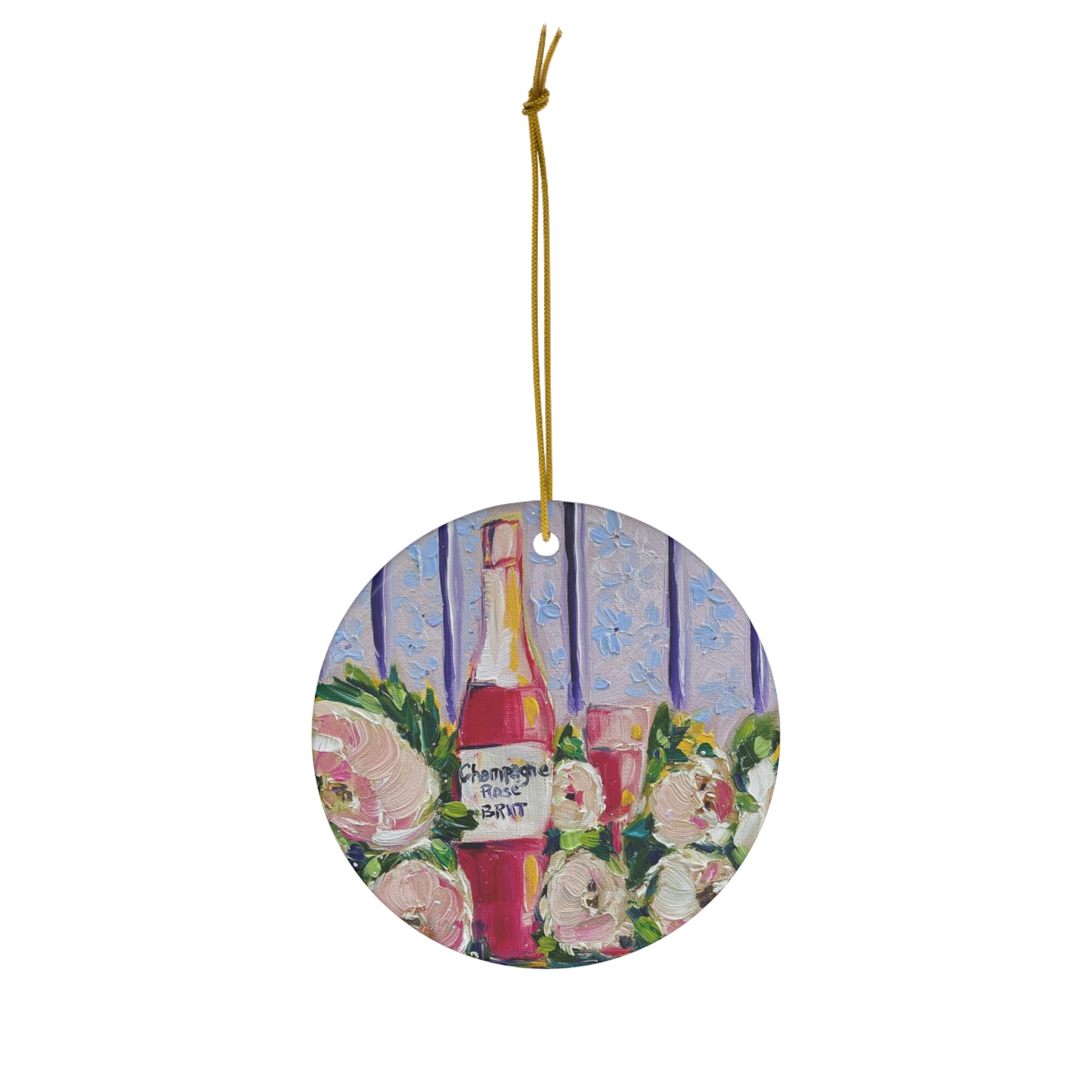Pink Champagne and Peonies Ceramic Ornament