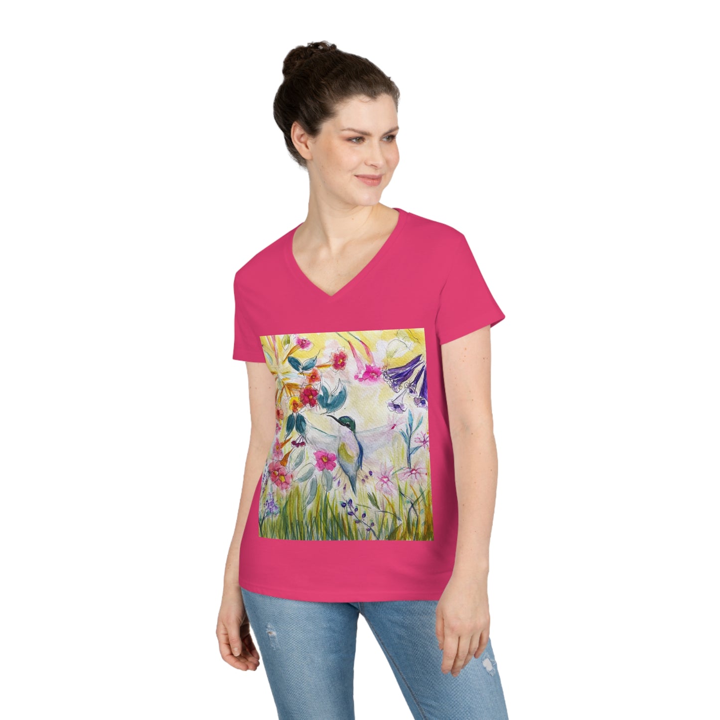 Camiseta con cuello en V para mujer Colibrí en tubo Flower Garden Lady