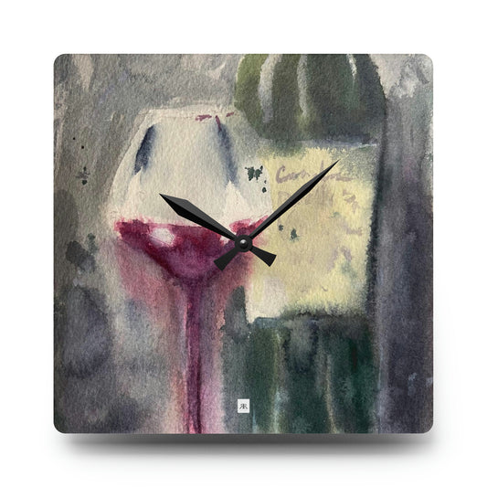 Reloj de pared acrílico con botella de vino y copa