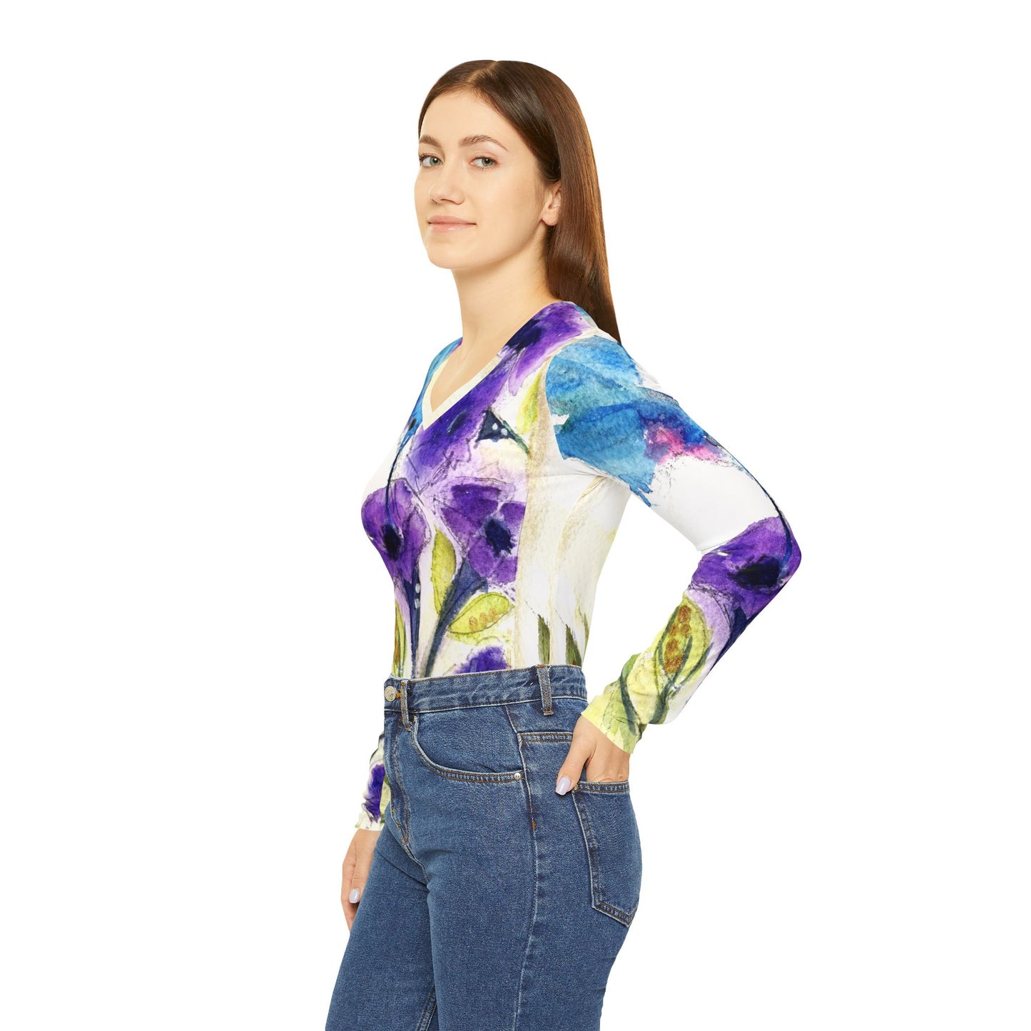 Long Sleeve Shirt- Hummingbird in Purple Tube Flowers- V-neck Women's