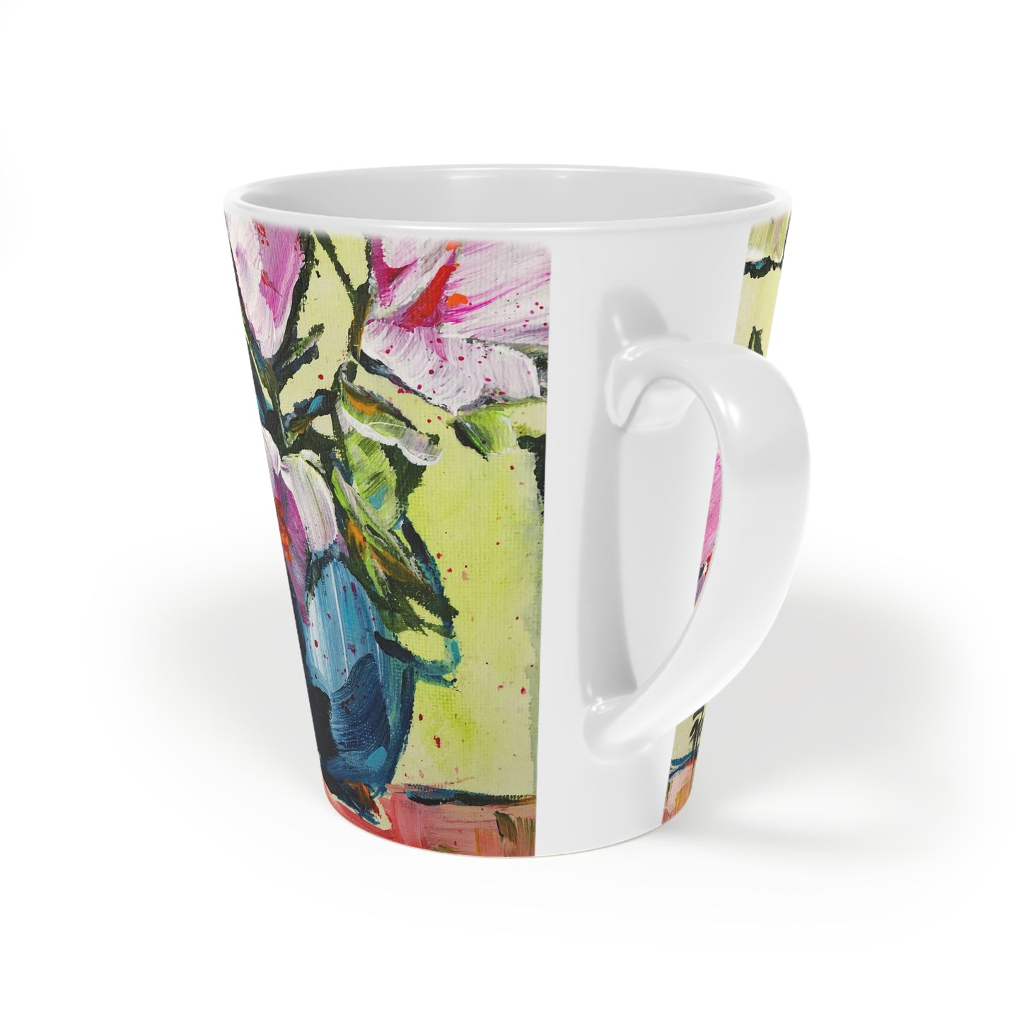 Pink Gardenias in a Blue Vase "Good Morning, Beautiful!" Latte Mug, 12oz