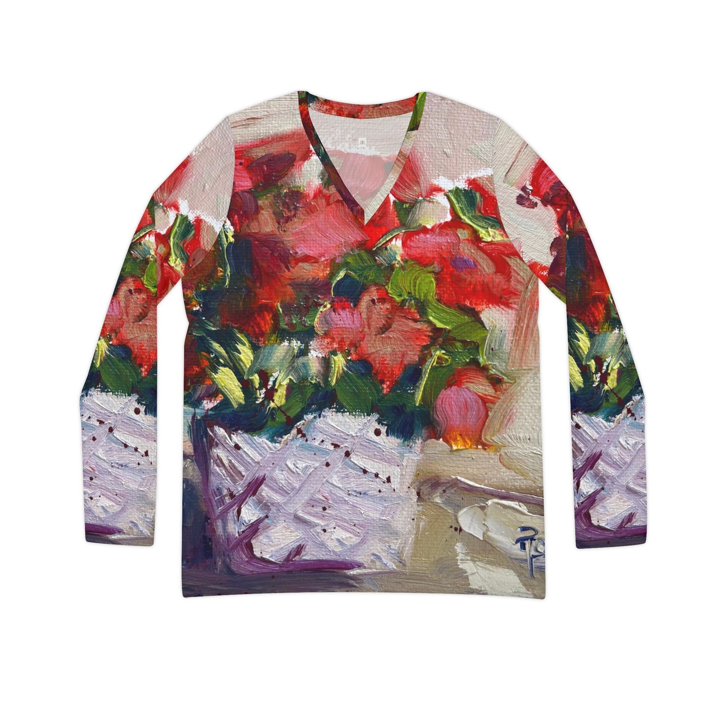 Women's Long Sleeve V-neck Shirt -Basket Blooms