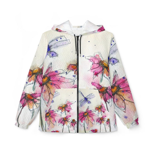 Lightweight Windbreaker Jacket — Purple Dragonfly with Pink Coneflowers