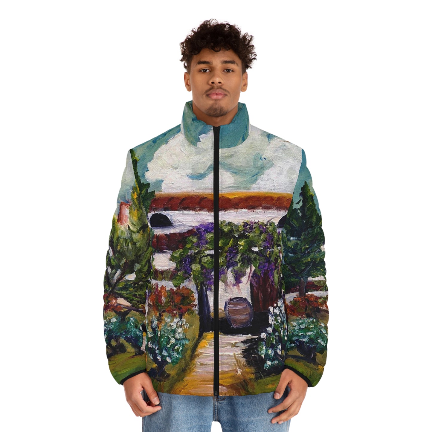Men's Puffer Jacket - Roxy Rich Art, Unique Bright Colors-Somerset Vineyard and Winery