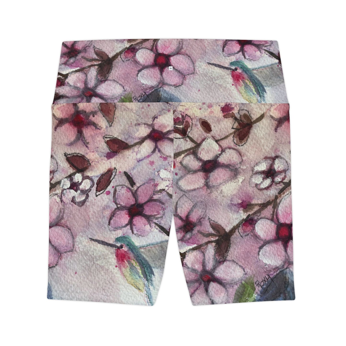 Women's Workout Shorts -Hummingbird in Cherry Blossoms