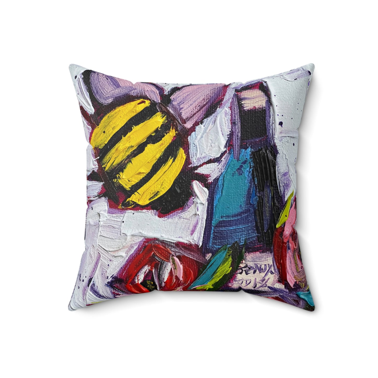 Bee Happy Wine Bee and Roses Indoor Spun Polyester Square Pillow