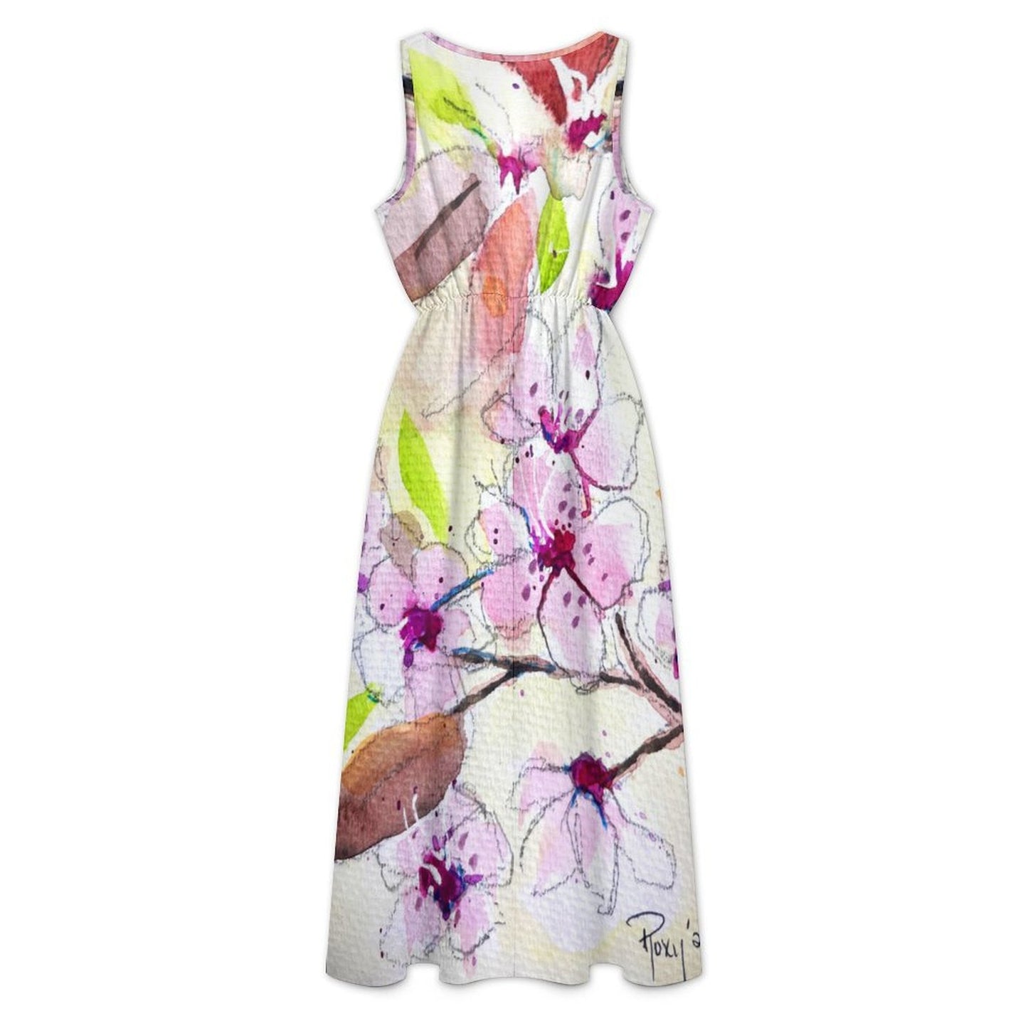 Women's Sleeveless V-neck Midi Dress with pockets-Light Cherry Blossoms
