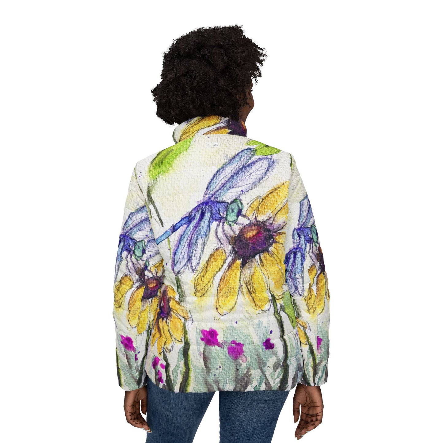 Women's Puffer Jacket - Roxy Rich Fine Art -Blue Dragonfly