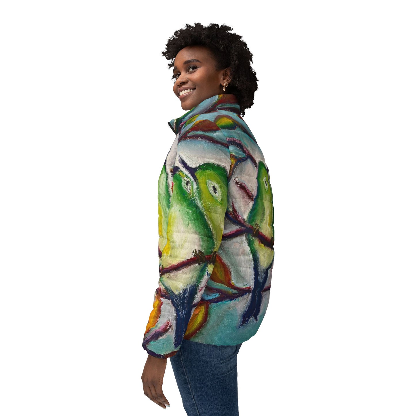 Women's Puffer Jacket - Roxy Rich Fine Art -Cuddling Warblers