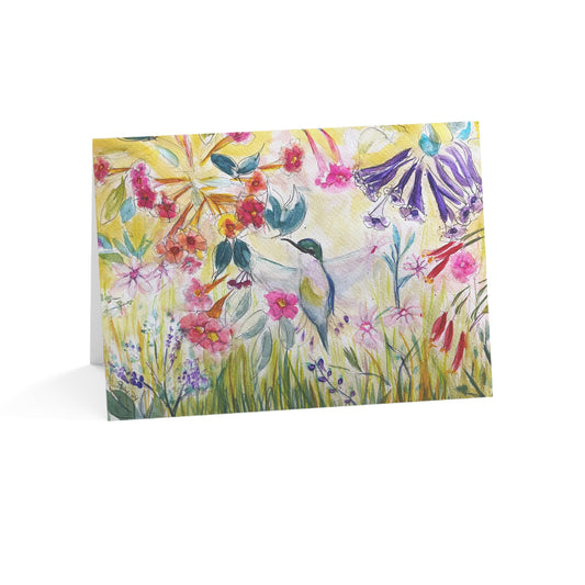 Hummingbird in Tube Flower Garden- Blank inside Greeting Cards