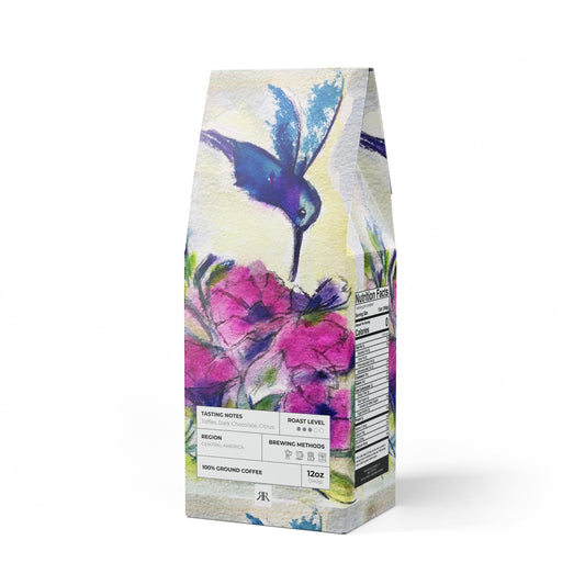 Blue Hummingbird in Yellow Pink Flowers-Brilliant Blend (Medium Roast)