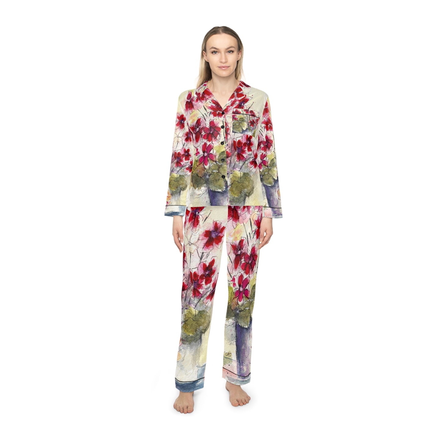 Satin Pajama Set — Valentine's & Mother's Day Floral Sleepwear-Red Ivy Geraniums
