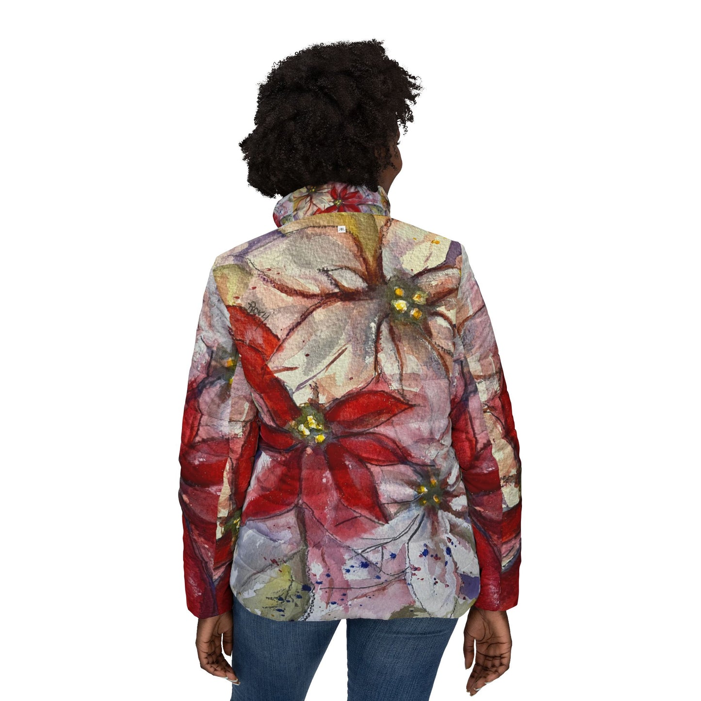Women's Puffer Jacket - Roxy Rich Fine Art Design-Poinsettias