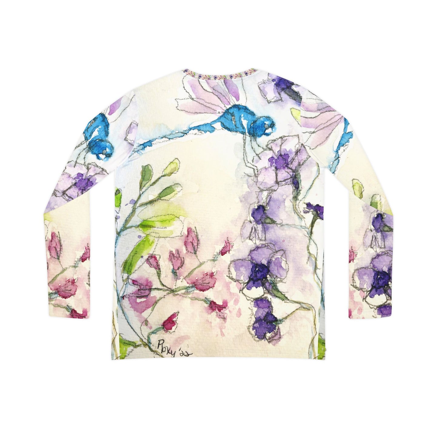 Long Sleeve Shirt- Blue Dragonfly with Purple Tube Flowers- V-neck Women's