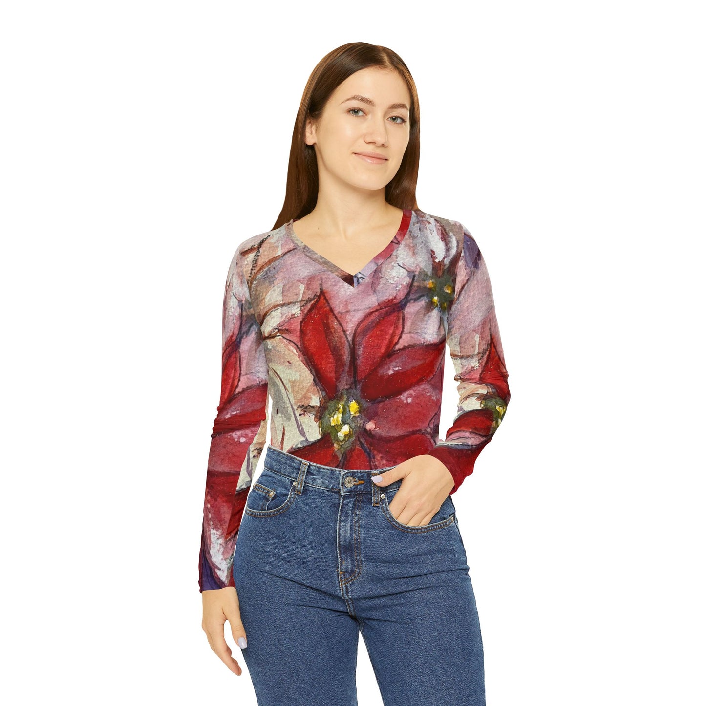 Poinsettias- All over Print Women's Long Sleeve V-neck Shirt