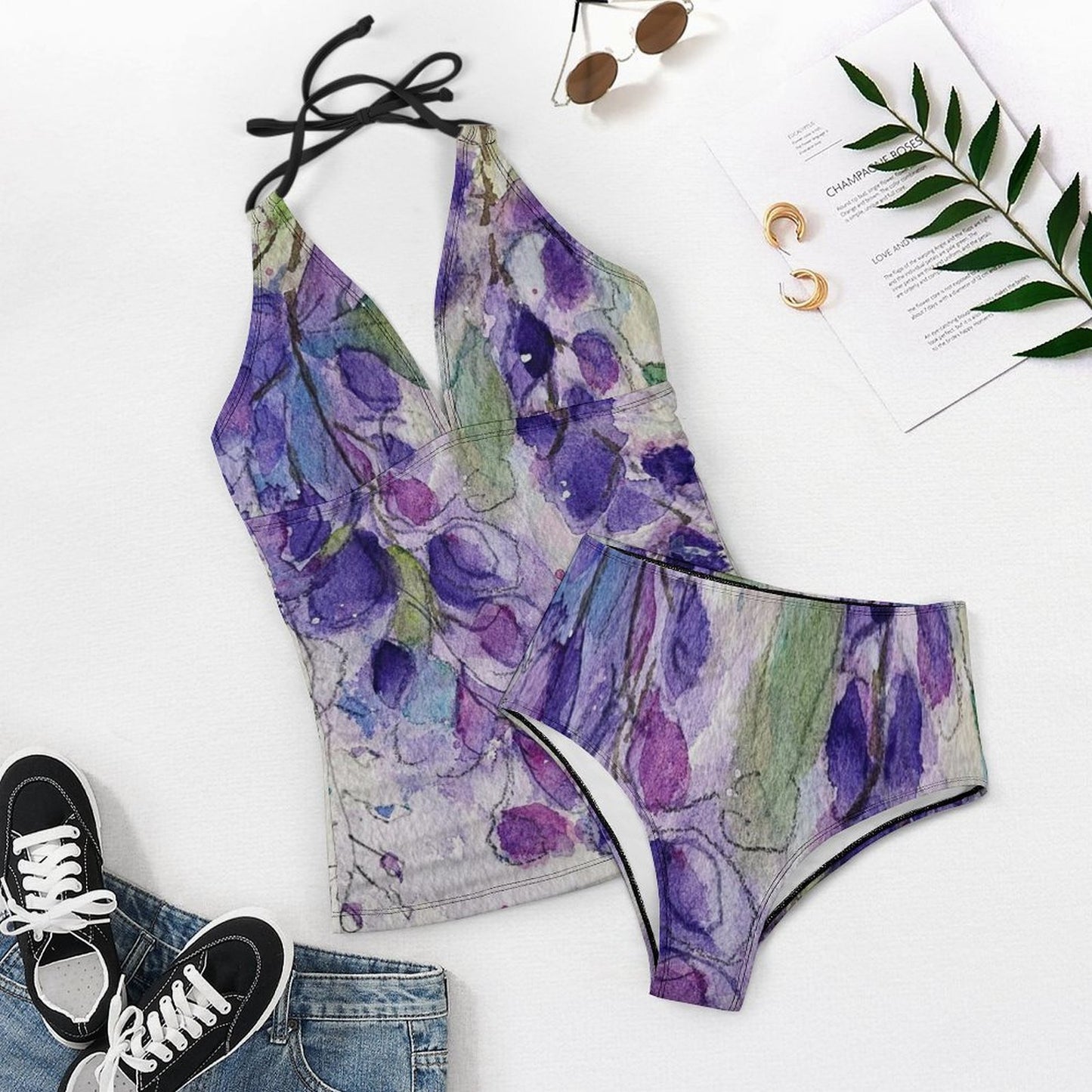 Purple Wisteria Slim Fit Tankini Split Swimsuit