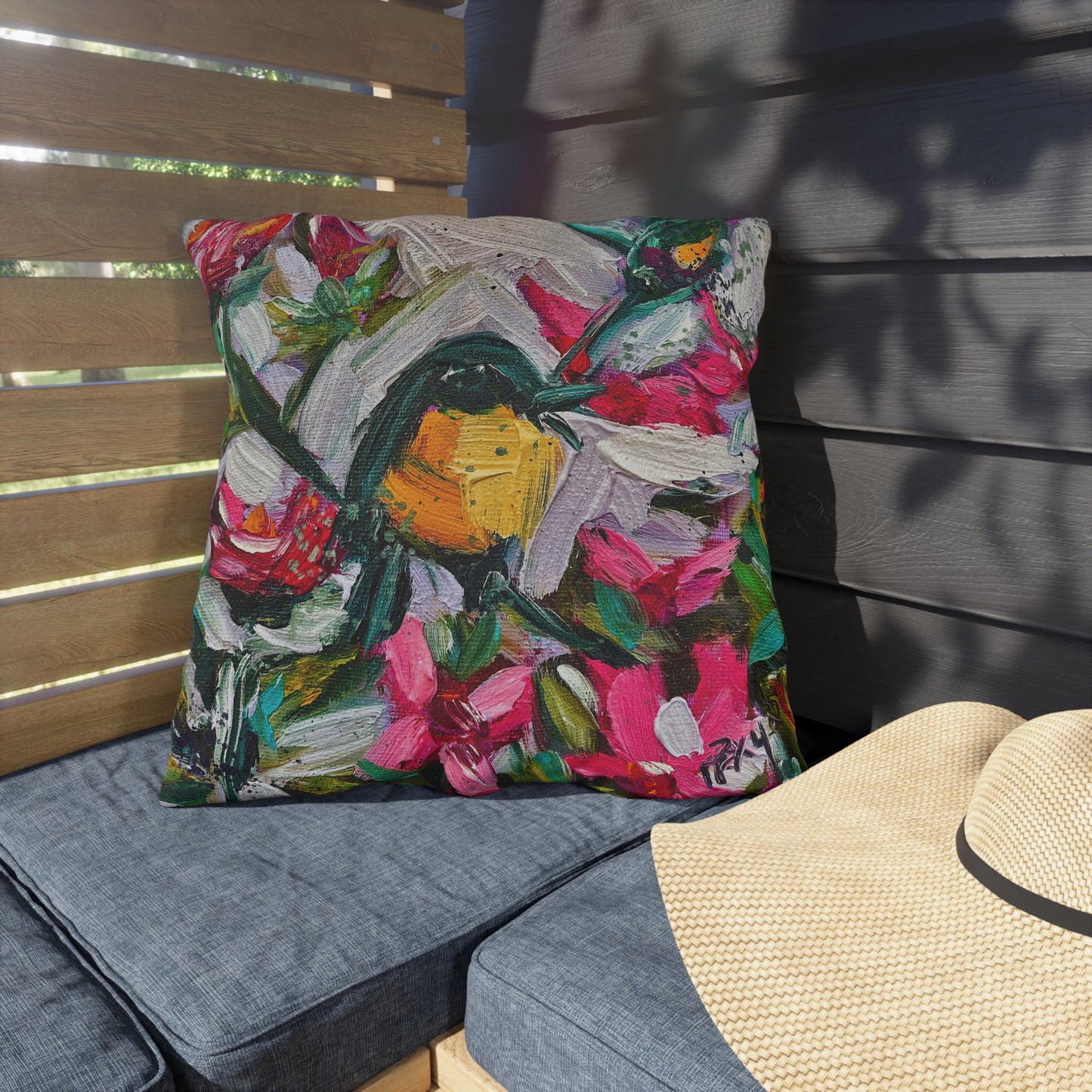 Outdoor Pillows-Colorful Encounter Goldfinch and Hummingbird