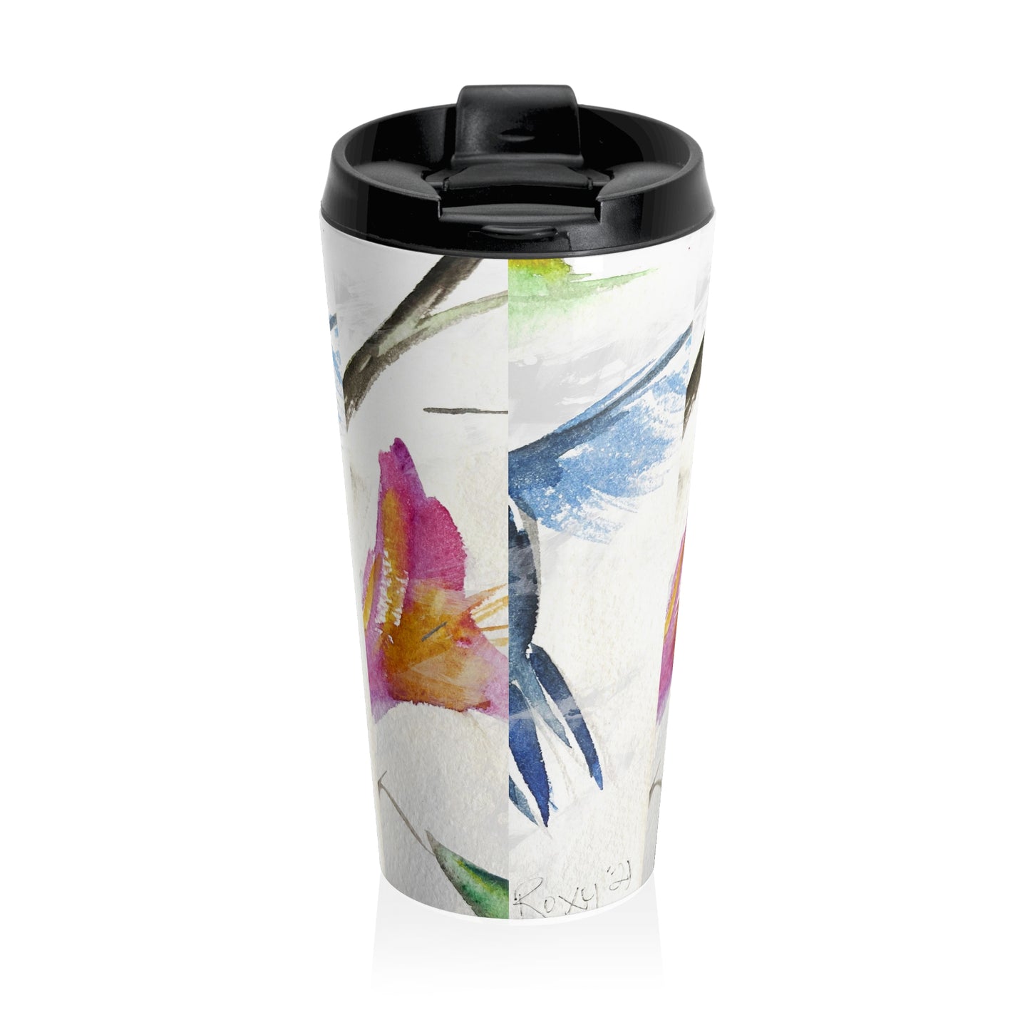 Taza de viaje de acero inoxidable con colibrí flotante