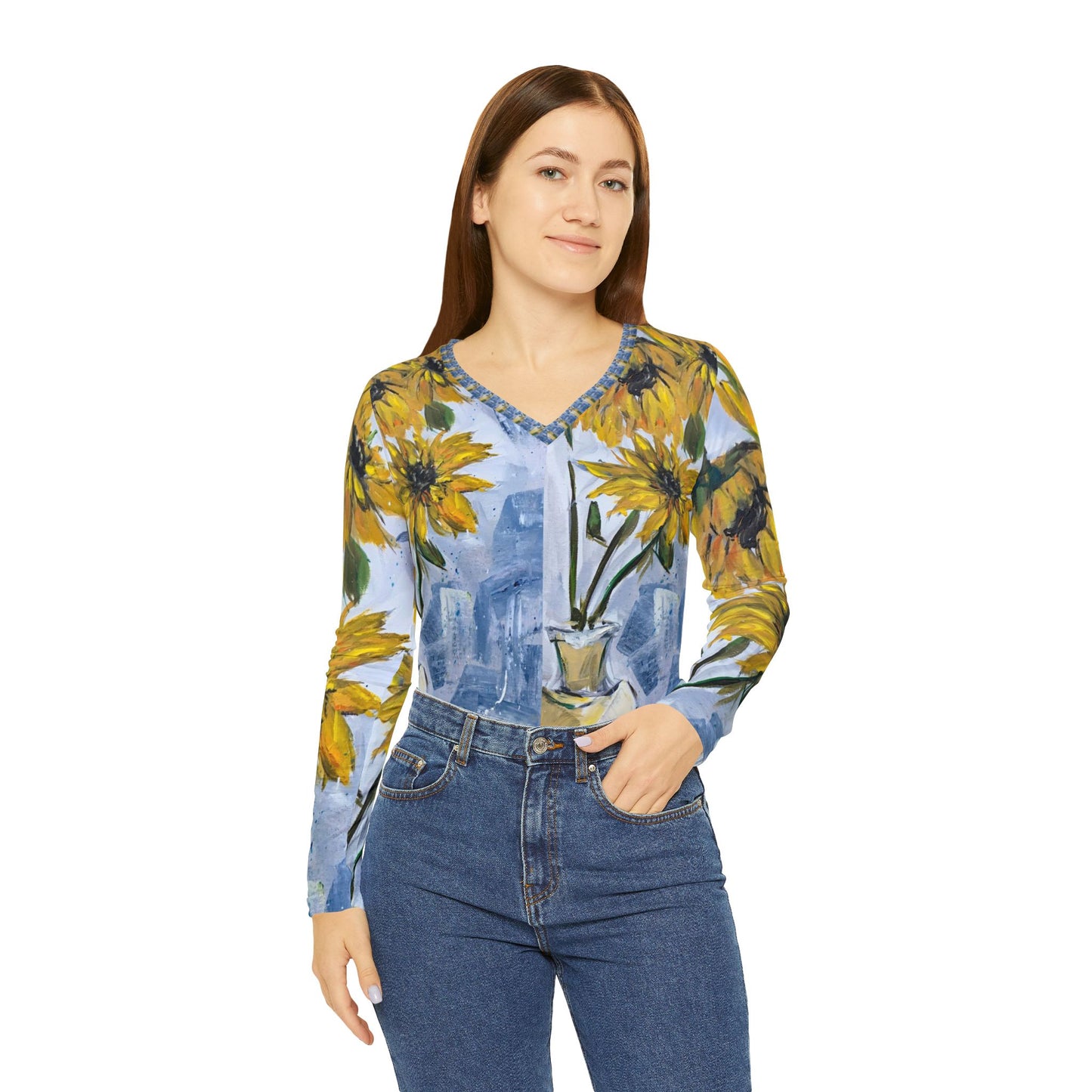 Long Sleeve Shirt- Shabby Sunflowers- V-neck Women's