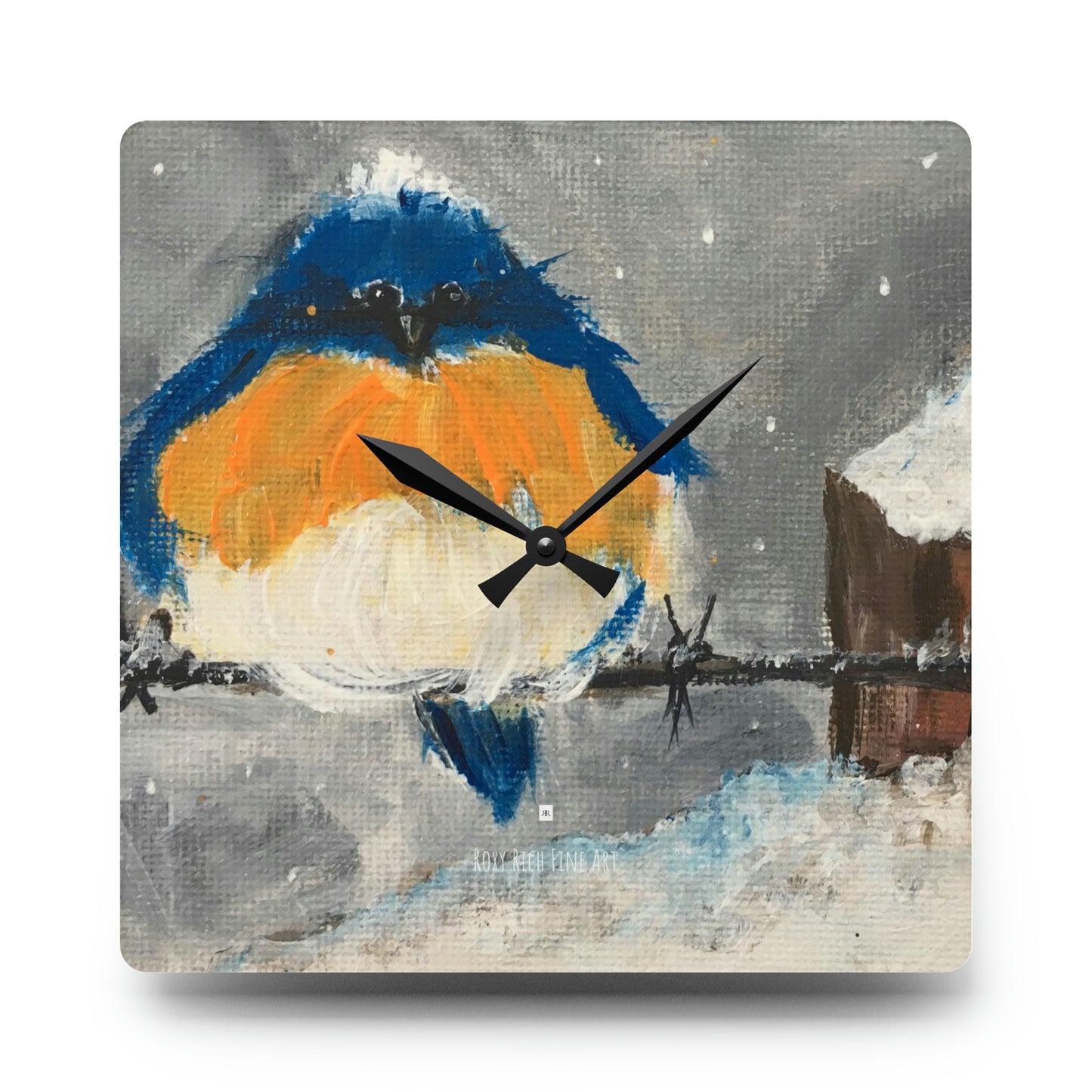Reloj de pared acrílico con pájaro azul gordo y esponjoso en la nieve