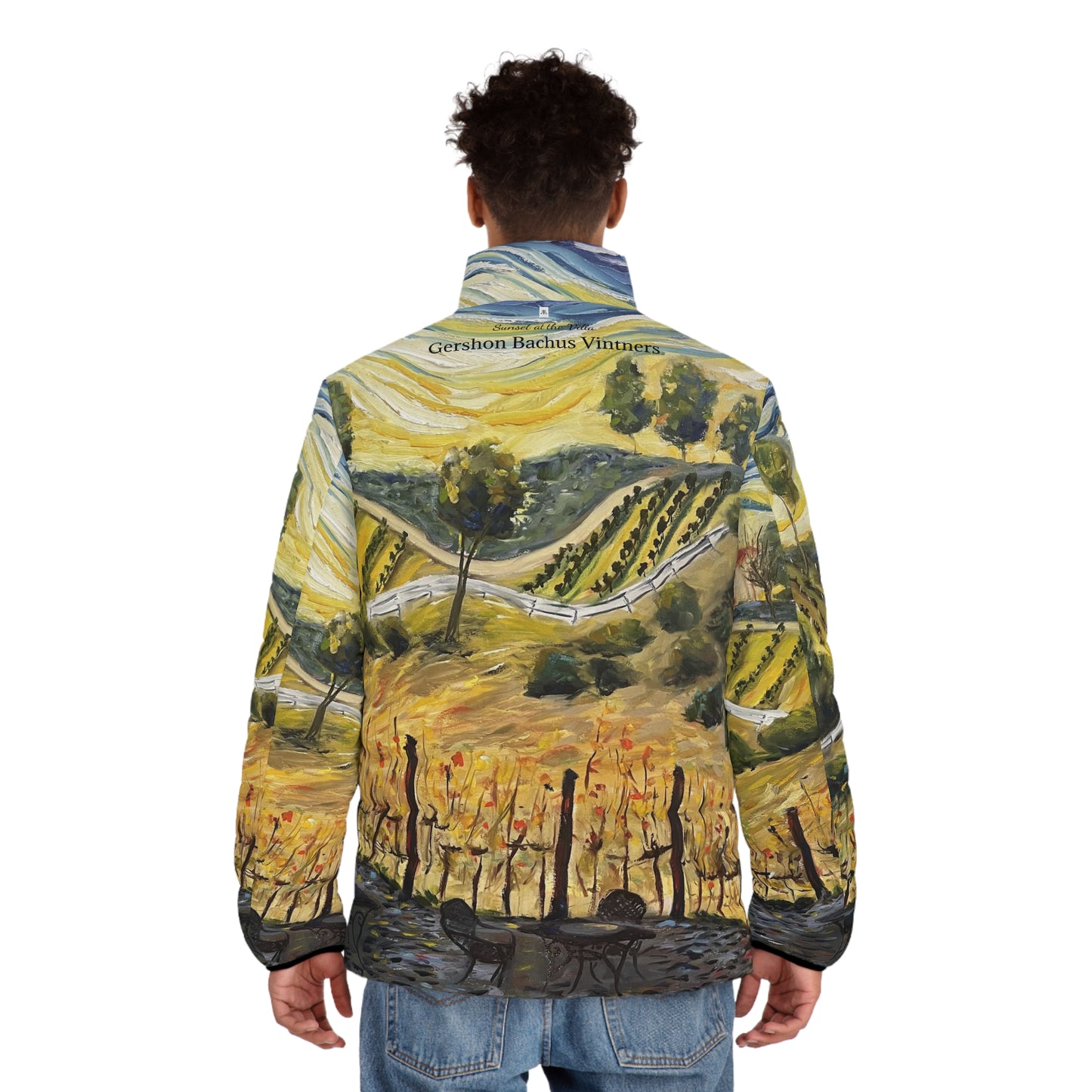 Men's Puffer Jacket - Roxy Rich Art, Unique Bright Colors-Sunset at the Villa  GBV