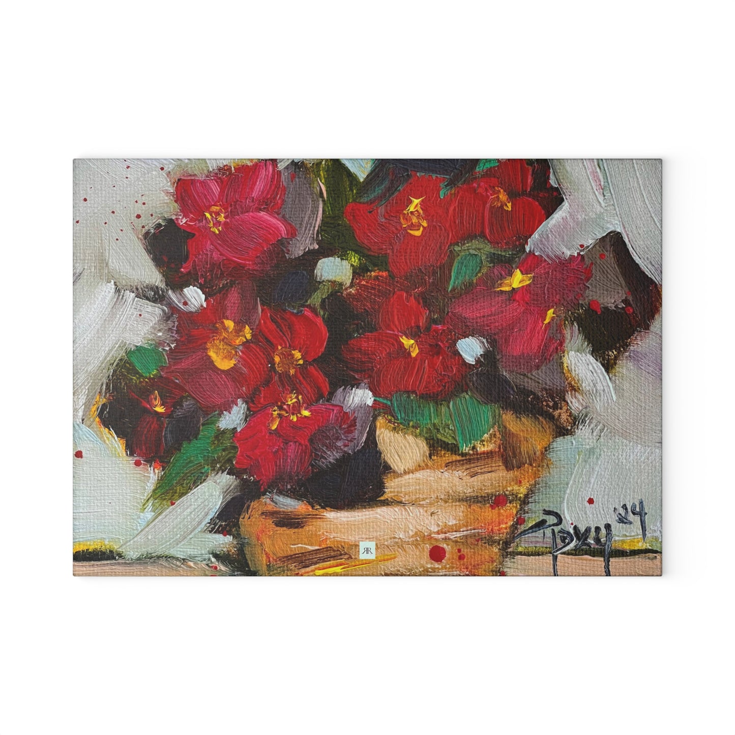 Wax Begonias in a Basket Glass Cutting Board