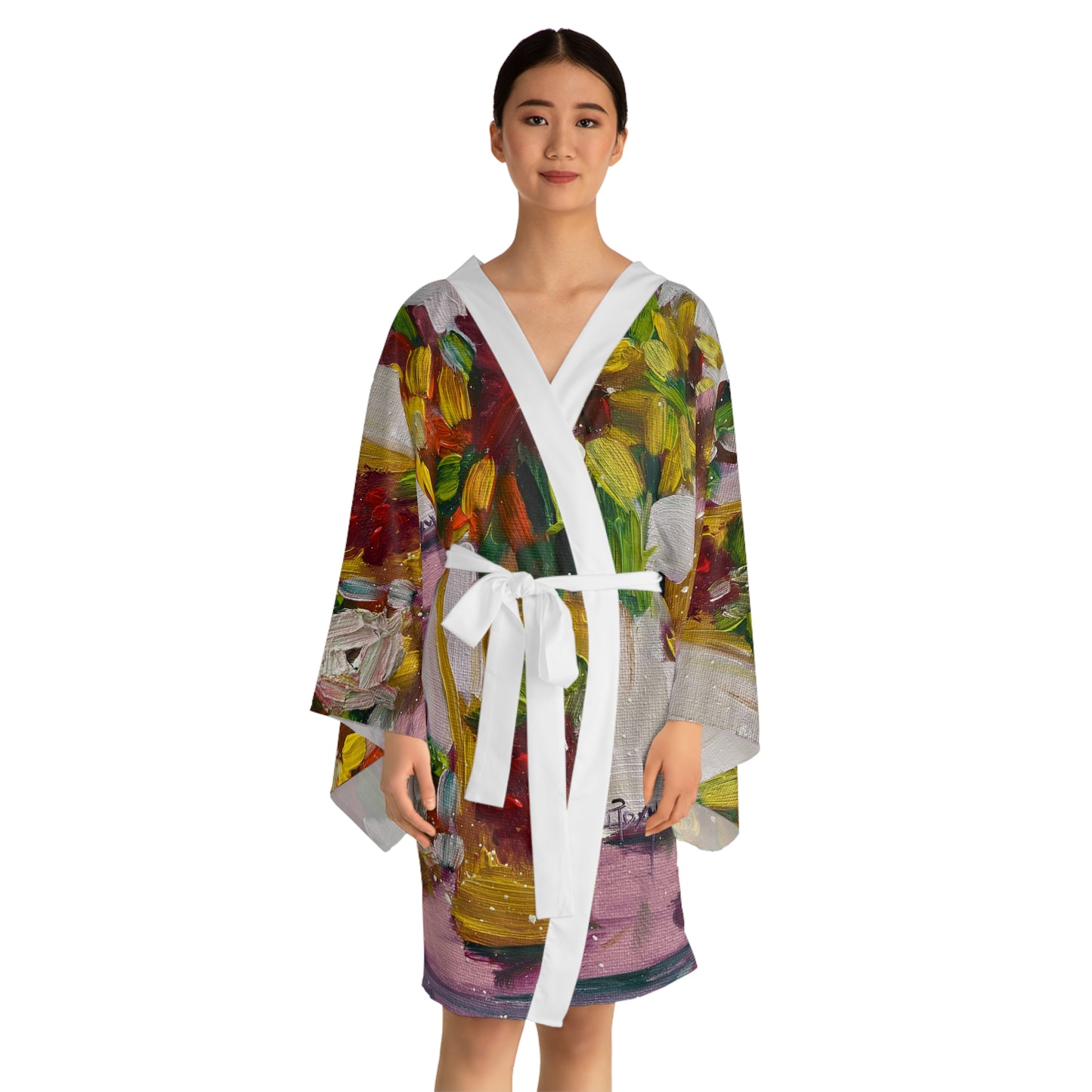 Kimono Robe — Elegant Bright Floral Valentine’s-Petals on my Patio- Wife Gift