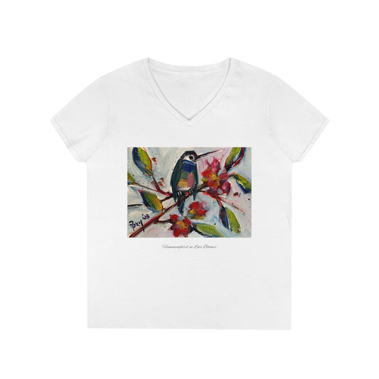 Camiseta con cuello en V para mujer Colibrí en Late Blooms