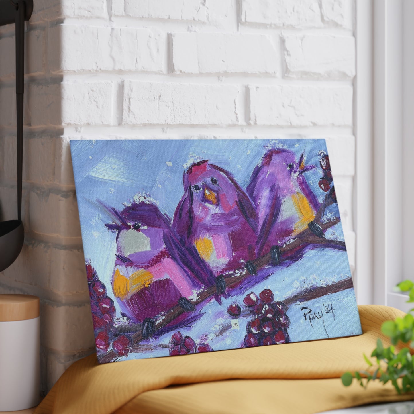 Glass Cutting Board-Whimsical Chirpy Birds Perched on a Snowy Branch with Berries