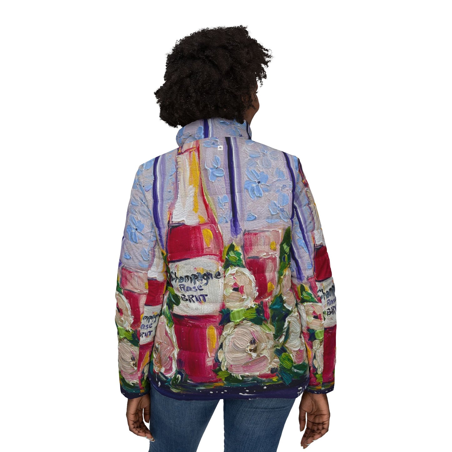 Women's Puffer Jacket - Roxy Rich Fine Art -Pink Champagne and Peonies