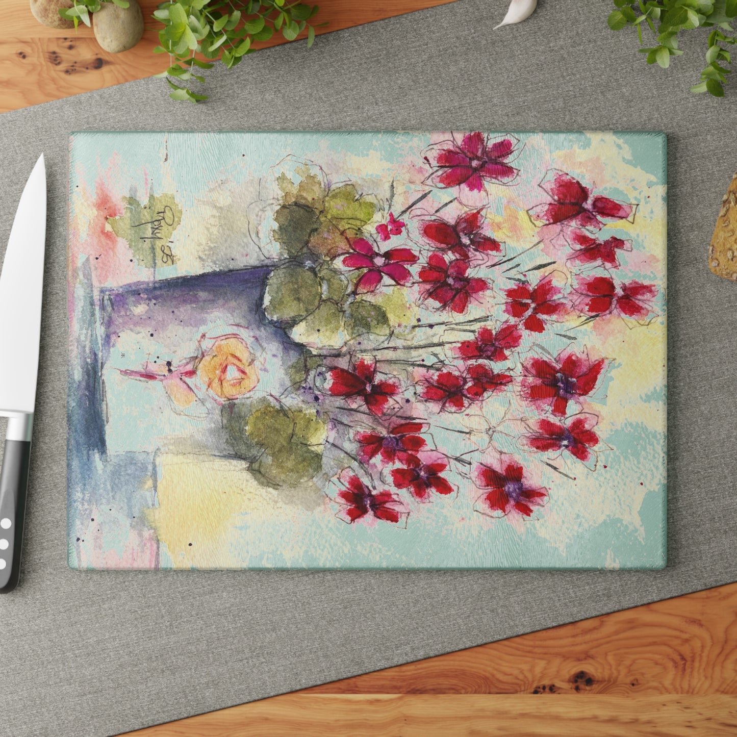 Red Ivy Geraniums in a Basket Glass Cutting Board