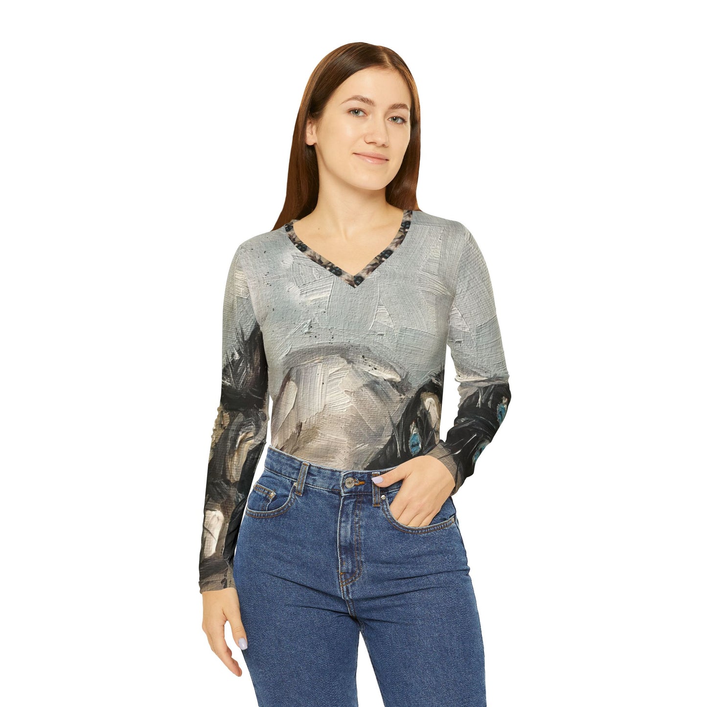 Long Sleeve Shirt- Little Miss Innocent Siamese Cat- V-neck Women's