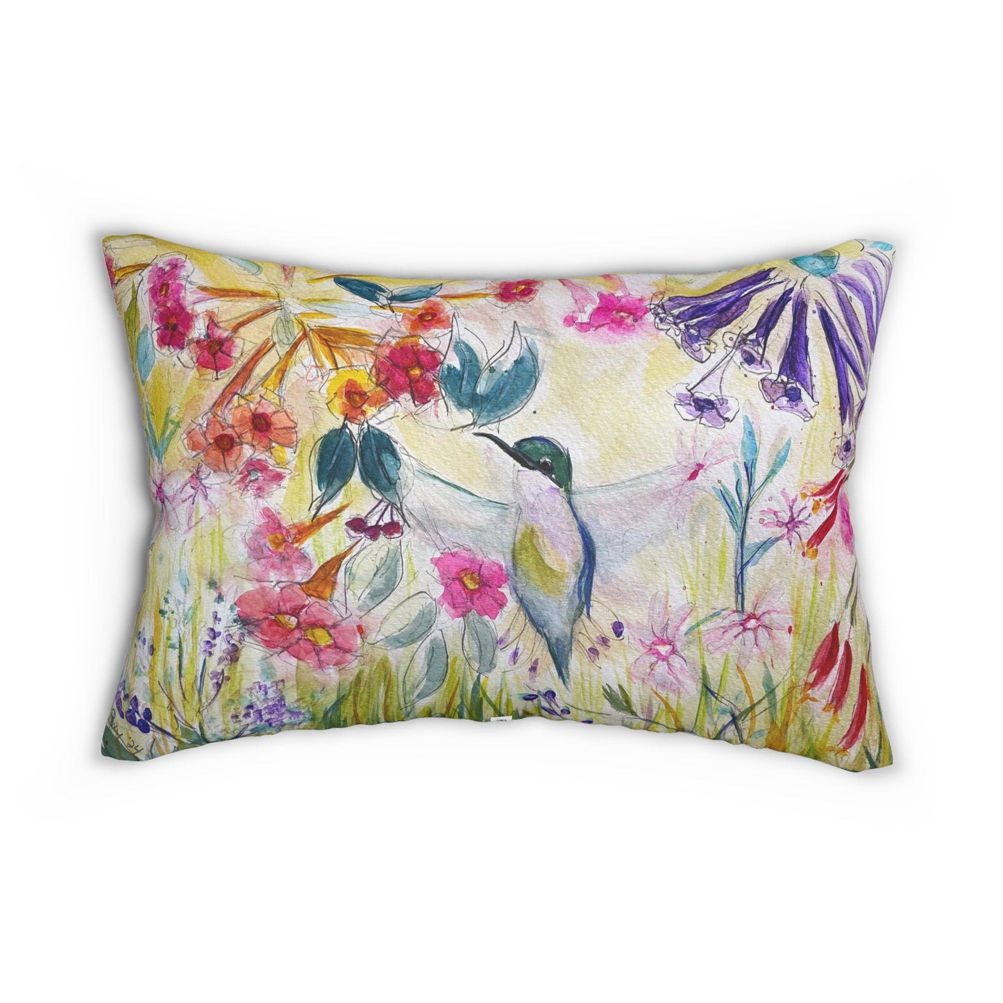 Beautiful Hummingbird in Tube Flower Garden Lumbar Pillow