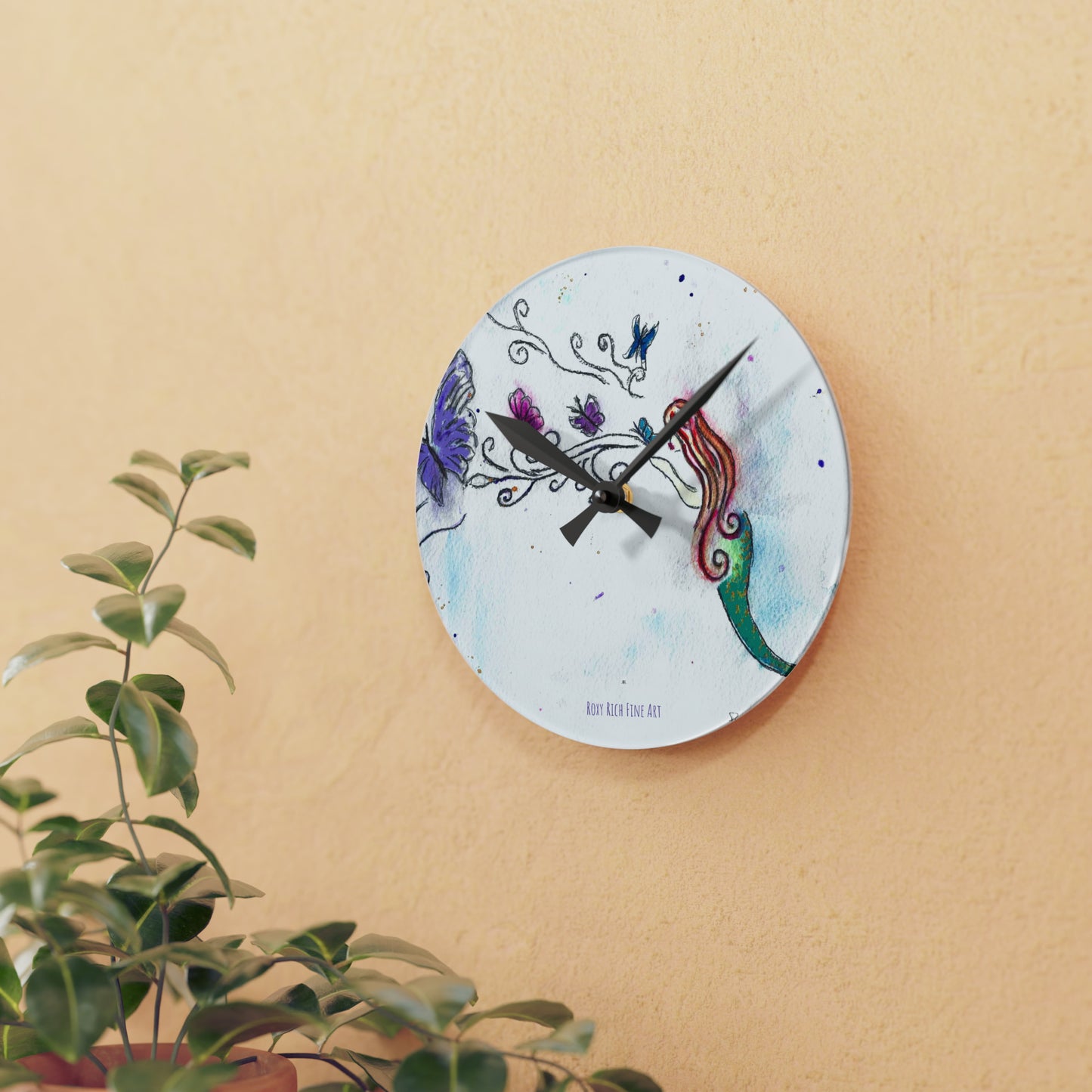 Horloge murale en acrylique baisers de papillon de sirène 