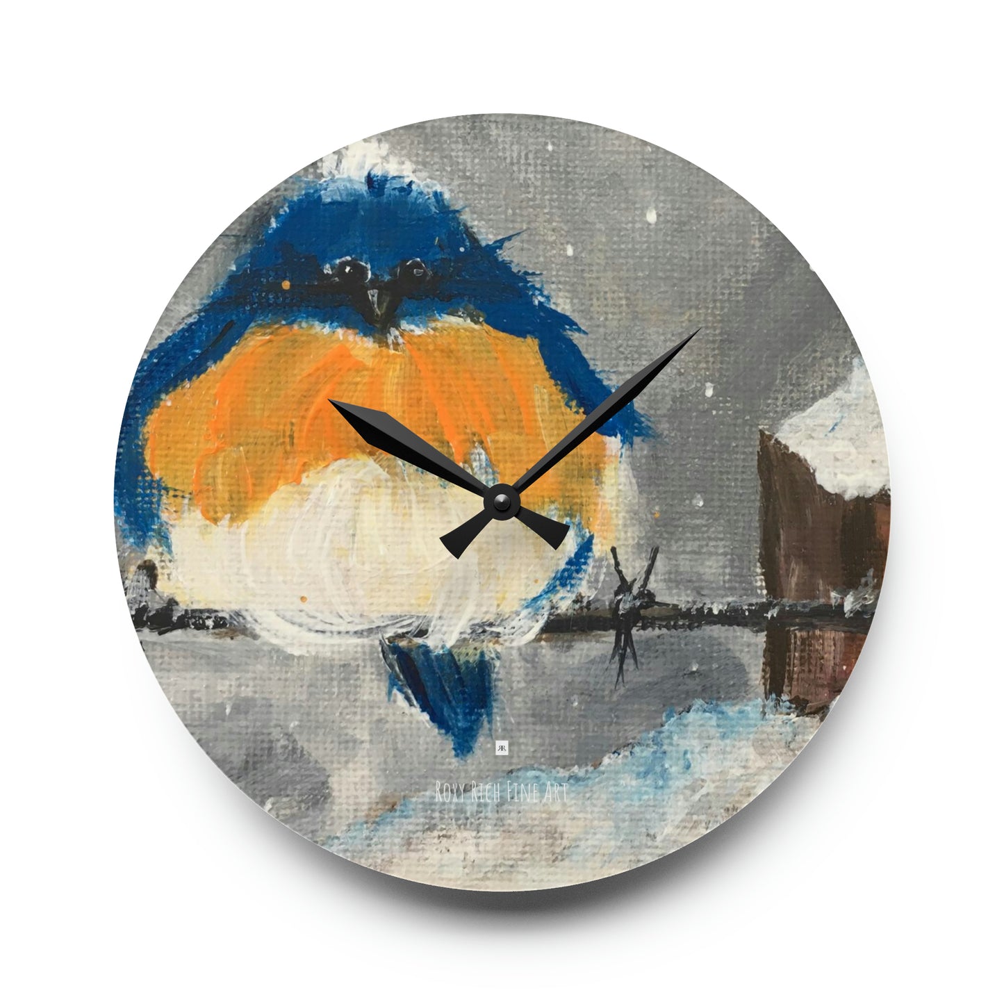 Reloj de pared acrílico con pájaro azul gordo y esponjoso en la nieve