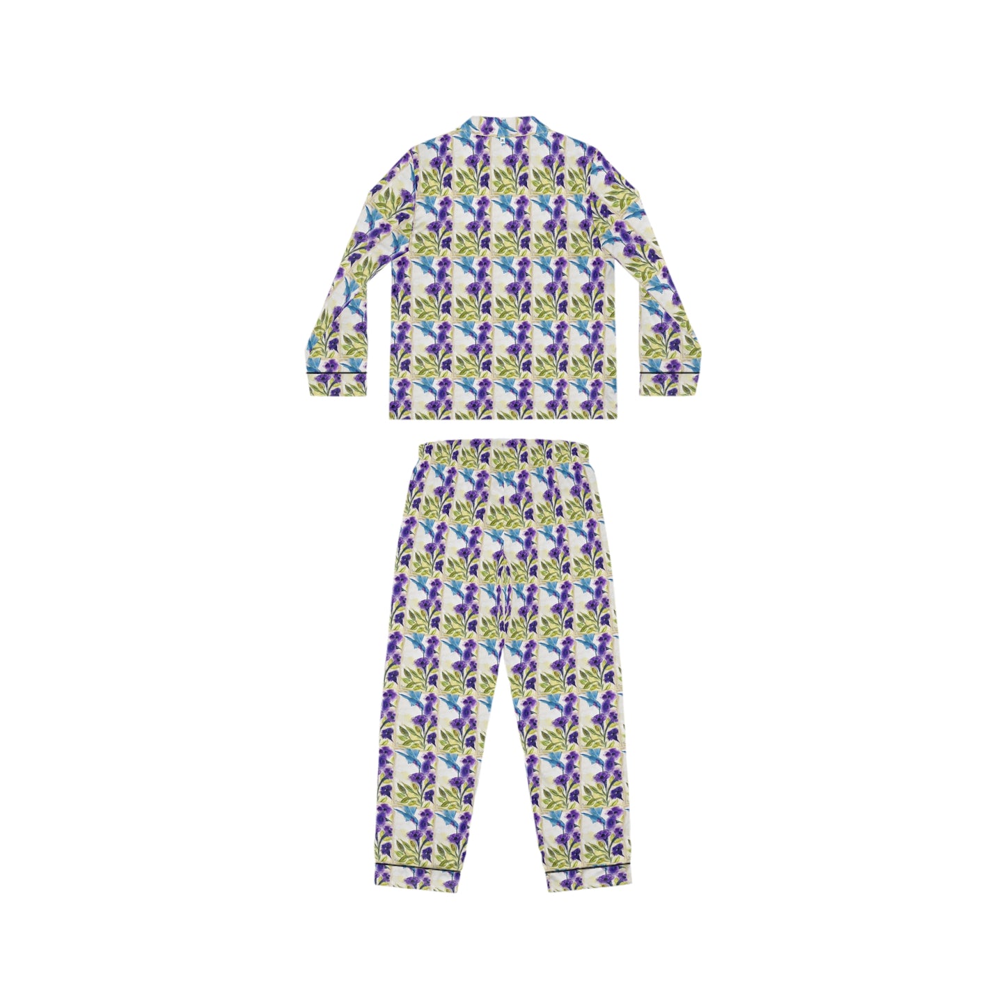 Satin Pajamas — Luxurious Silky Sleepwear Set- Hummingbird with Purple Flowers