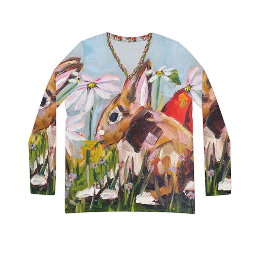 Long Sleeve Shirt- Bunny in the Garden- V-neck Women's