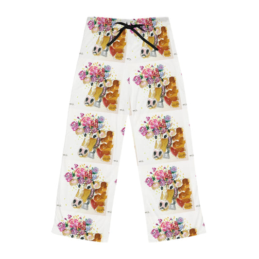 Pajama Pants - Adorable Cow with Flowers on its Head- Women's Pajama Pants